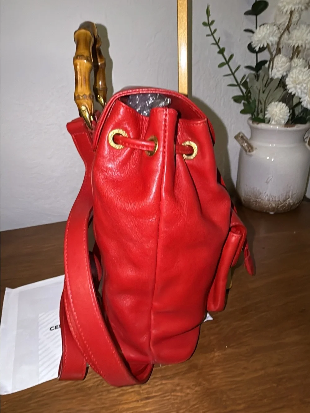GUCCI VINTAGE BAMBOO RED LEATHER BACKPACK BAG (AUTHENTIC! )  Nice preowned